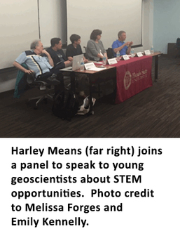 Harley Means (far right) joins a panel to speak to young geoscientists about STEM opportunities.  Photo credit to Melissa Forges and Emily Kennelly.