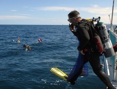 A diver holding a marine debris cleanup bag performs a “giant stride” off the side of a dive boat.