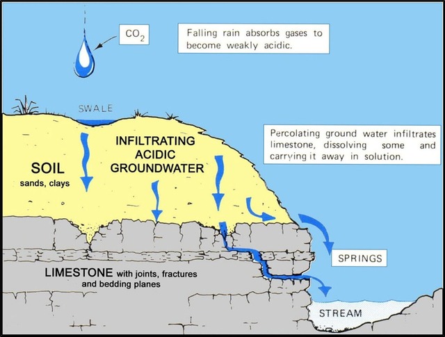Figure 2. Diagram illustrating chemical and physical processes that lead to karst terrain formation.