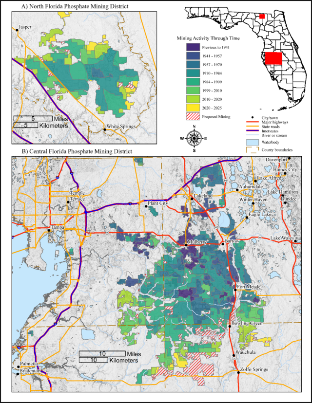 Figure 1. Phosphate mining and mine waste activity delineated through time.