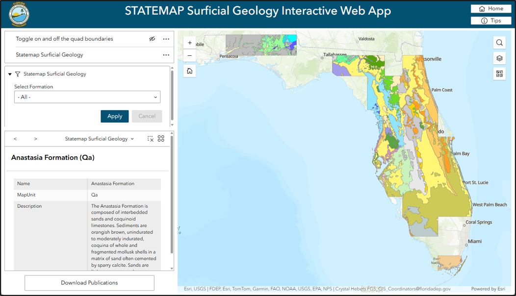 Figure 3. A page in the Geologic Web App of the STATEMAP StoryMap that allows for interactivity with the STATEMAP geology and study area layers.
