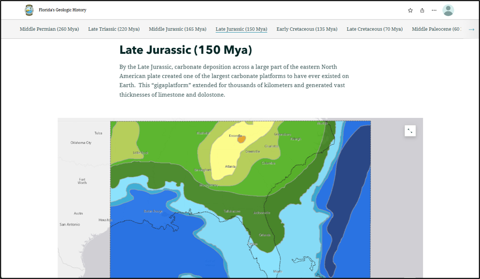 Figure 1. Paleogeographic reconstruction of the Late Jurassic (150 mya) from the Florida’s Geologic History StoryMap.
