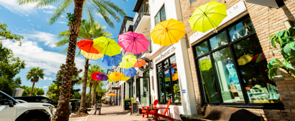 Colorful hanging umbrellas on Douglas Ave