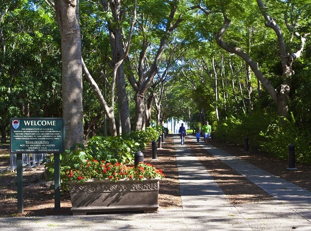 Visitors stroll down a shaded path at Deering Estate