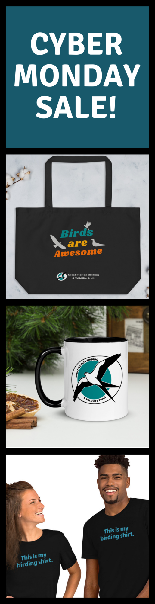 Items available for sale in the birding trail shop. Tote bag, mug, and t-shirt.