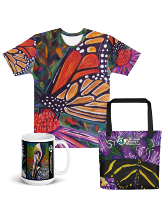 T-shirt, mug, and tote bag featuring images of butterflies and birds