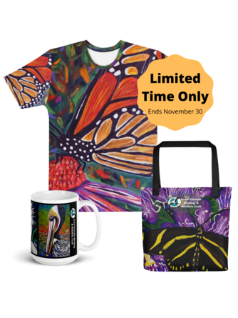 Monarch butterfly shirt, zebra longwing tote bag, and wading birds mug