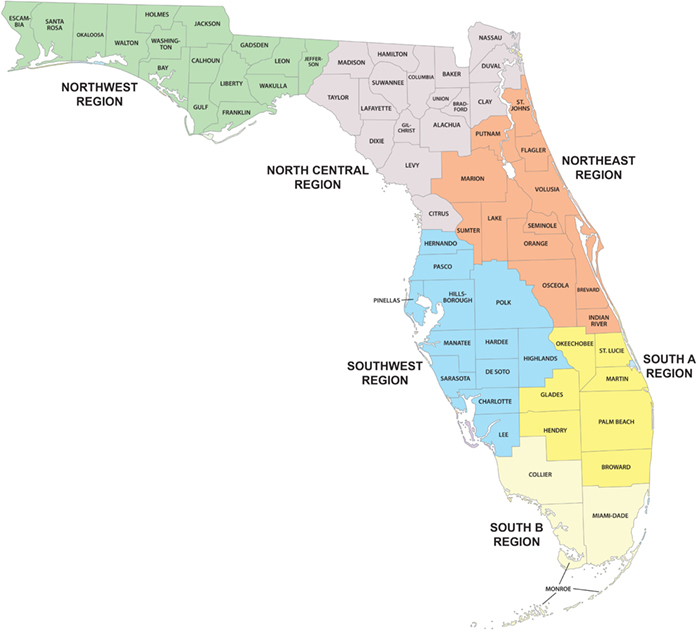 Map of Florida with counties and regions