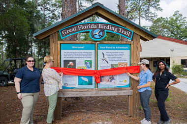 Two people each stand on either side of a wood-framed blue kiosk wrapped with a red ribbon they are cutting.