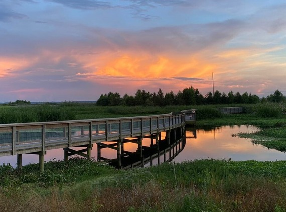 Sunlight turns a cloudy sky orange over a wetland spanned by a boardwalk.