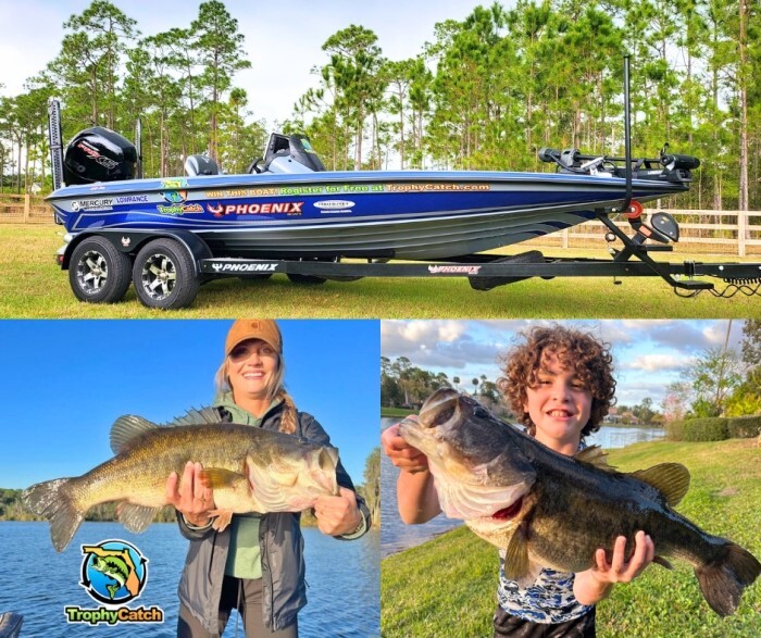 montage of TrophyCatch boat prize and two anglers with trophy bass