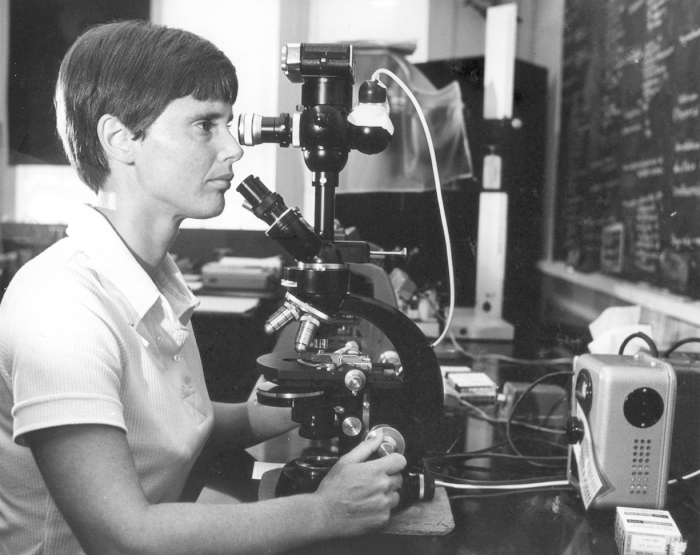 Karen at microscope early days