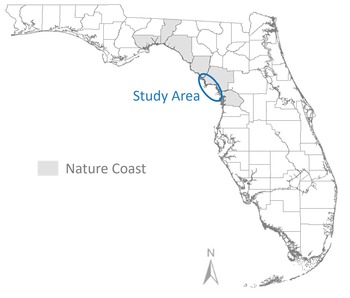 Map showing nature coast counties along Gulf side highlighted and study location in Levy County circled