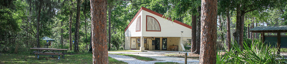 Triangular shaped building surrounded by forest.