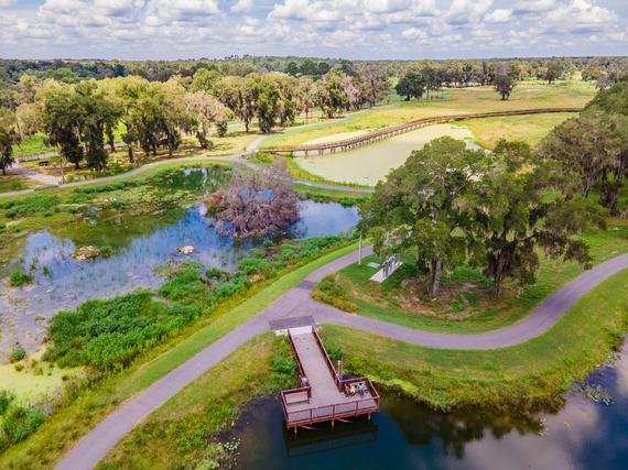 Aerial view of a beautiful park with paved paths and boardwalks winding through a lush wetland.