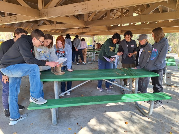 Students looking at display items