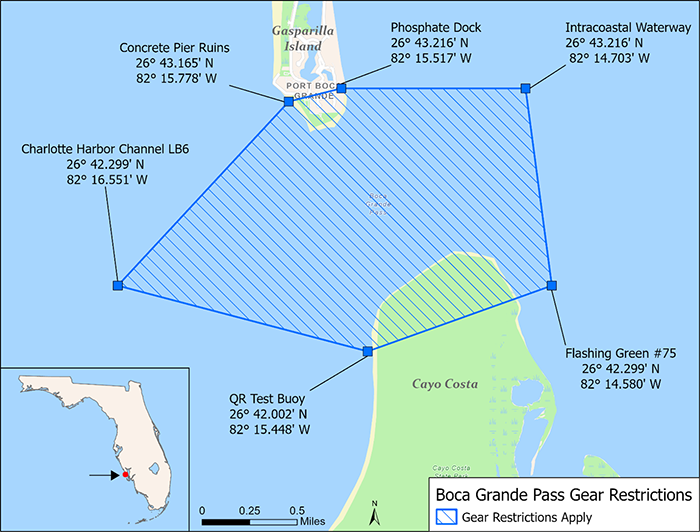 map of Boca Grande Pass with area having gear restrictions marked