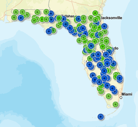 A screenshot of the Wildlife Management Area Finder, with WildQuest play areas shown in blue.