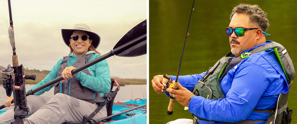 two pictures of anglers in kayaks