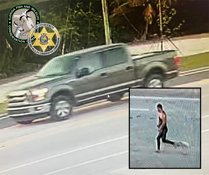 surveillance photos of brown F-150 truck and suspect running down road