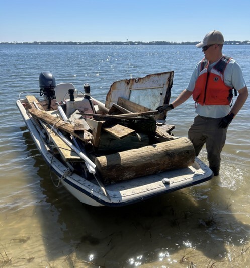 Coastal debris piled on a boat