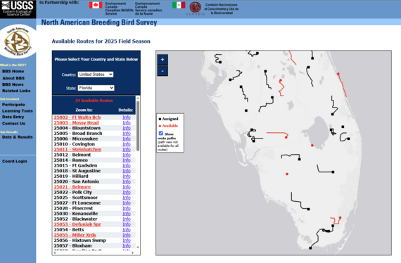 Map showing breeding bird survey routes in south Florida. Black routes are taken, red routes are available.