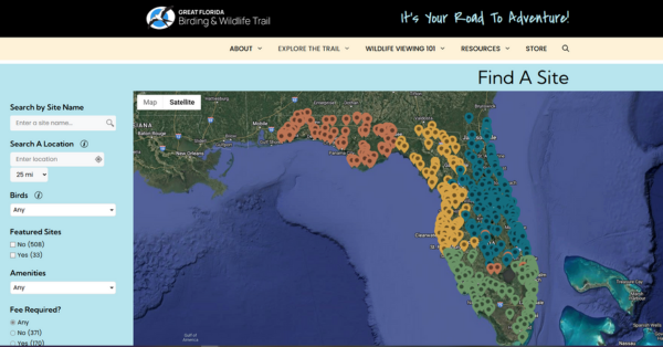 The "Find a Site" map on the new Great Florida Birding and Wildlife Trail website. Colored pins show the locations of Trail sites around Florida.
