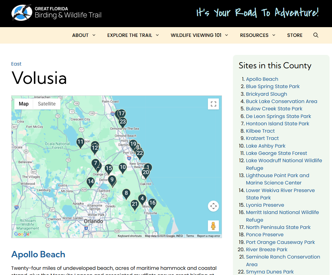 The webpage for Volusia County, showing a numbered list of all the Trail sites in the county and a corresponding map.