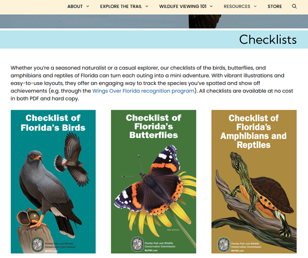 Checklist order webpage featuring the covers of each checklist showing, respectively, a snail kite, a butterfly on a flower, and a turtle on a log.