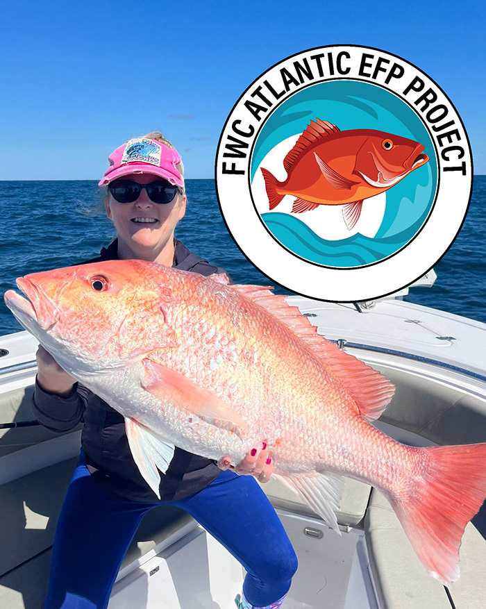 angler holding large red snapper with EFP logo superimposed