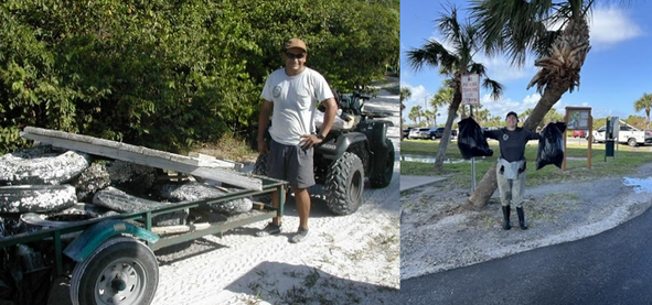 Right: FSA partner next to a cart with debris removed from beach. Left: FSA partner holding two bags with removed debris. 
