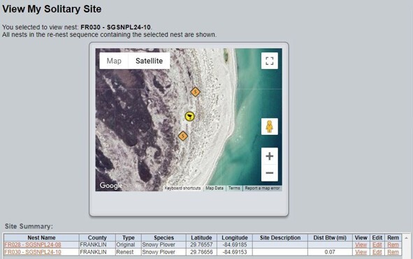 Screenshot of a solitary sight image from Florida Shorebird Database