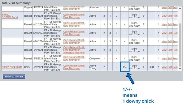 Screenshot of Site Visit Summary on Florida Shorebird Database