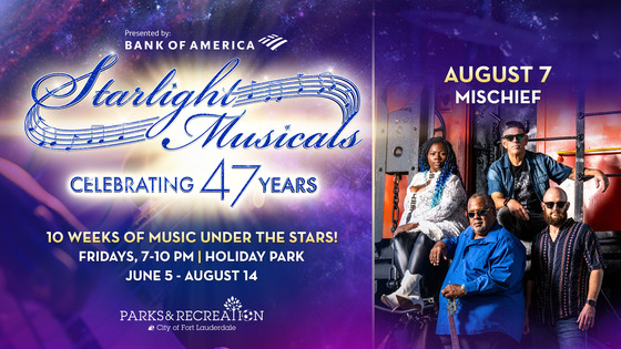 Starlight Musicals celebrating 47 years with 10 weeks of live music Fridays 7-10 PM at Holiday Park from June 5 to August 14. August 7, Mischief band.