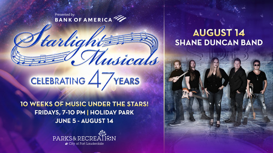 Starlight Musicals celebrating 47 years with 10 weeks of live music Fridays 7-10 PM at Holiday Park. August 14, Shane Duncan Band.