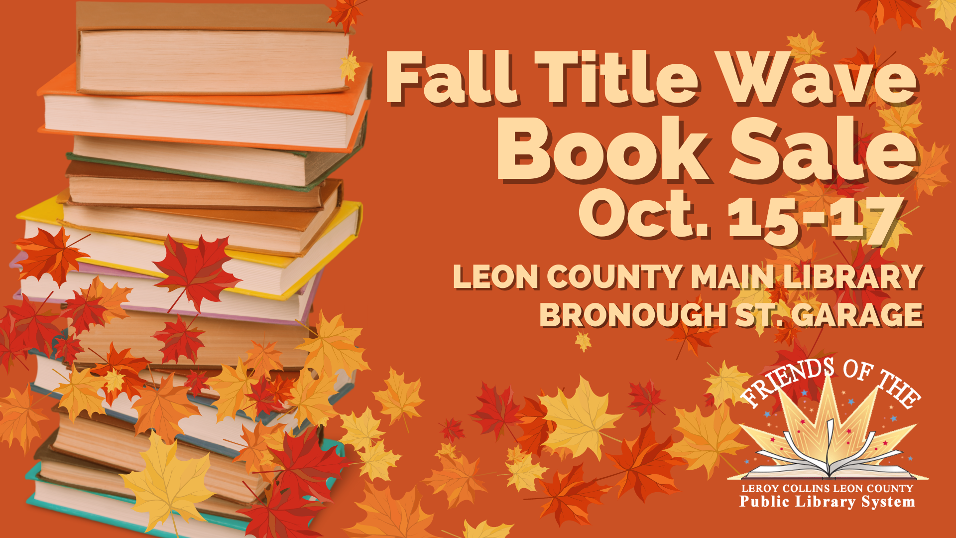Friends of the Library Fall Title Wave Used Book Sale Graphic with Leaves