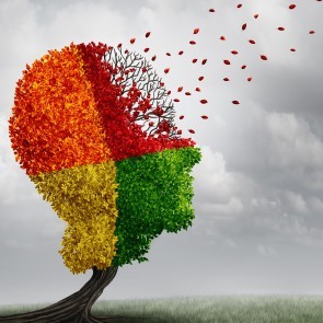 tree in shape of a head with leaves blowing off