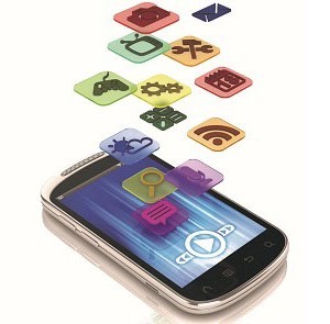 smart phone with app icons floating above it