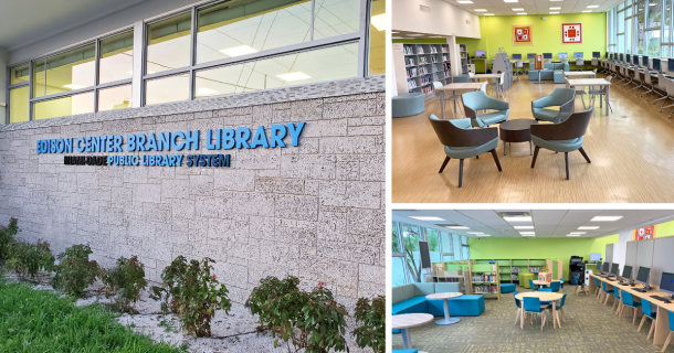 photos of the exterior and interior of Edison Center Branch Library