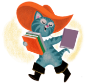 Cat wearing a hat and boots holding books illustration