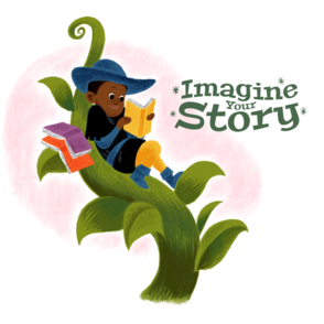 illustration of a boy reading on a large beanstalk