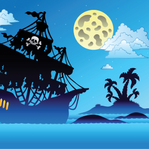 illustration of a pirate ship near a small island at night