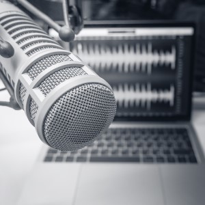microphone with laptop in the background