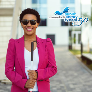 Woman with cane and dark glasses