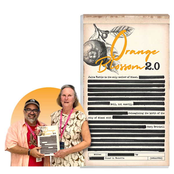 Beatrice A. (Bea) Brickell and Cesar Becerra holding a copy of Orange Blossom 2.0