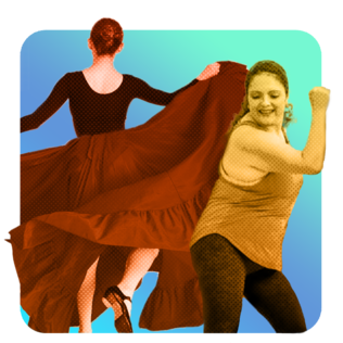 A flamenco dancer and Zumba instructor dancing joyously