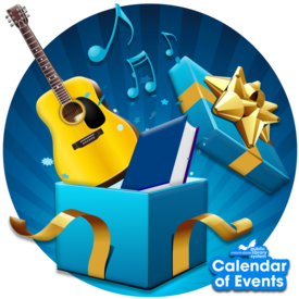 Illustration of an acoustic guitar, a book and an assortment of confetti bursting out of a blue gift box
