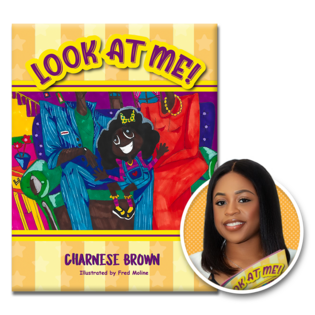 Headshot of Charnese Brown next to cover of Look at Me!