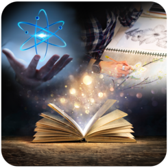 A glowing book emitting phantom images of an atom and a woman drawing