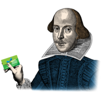 An illustration of William Shakespeare holding an MDPLS library card